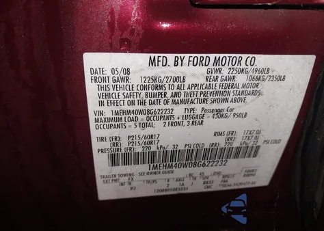 2008 Mercury Sable Luxury из США, поврежденный, VIN 1MEHM40W08G622232